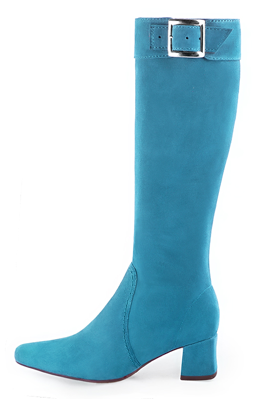Turquoise blue women's feminine knee-high boots. Square toe. Medium block heels. Made to measure. Profile view - Florence KOOIJMAN